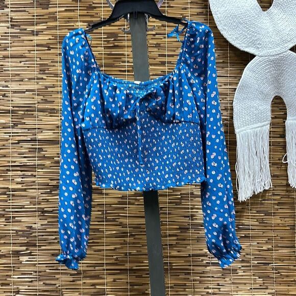 Kingston Grey Womens Juniors Smocked Blouson-Sleeve‎ Tie-Neck Top Blue X-Large - Picture 2 of 3